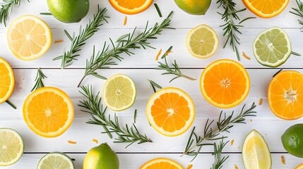 Citrus Zest: A symphony of vibrant citrus fruits and aromatic rosemary sprigs on a rustic white wooden backdrop. 