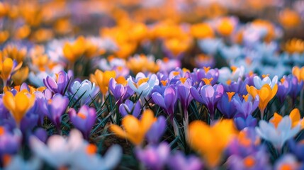 Field of crocus flowers in full bloom, showcasing purple and yellow petals.