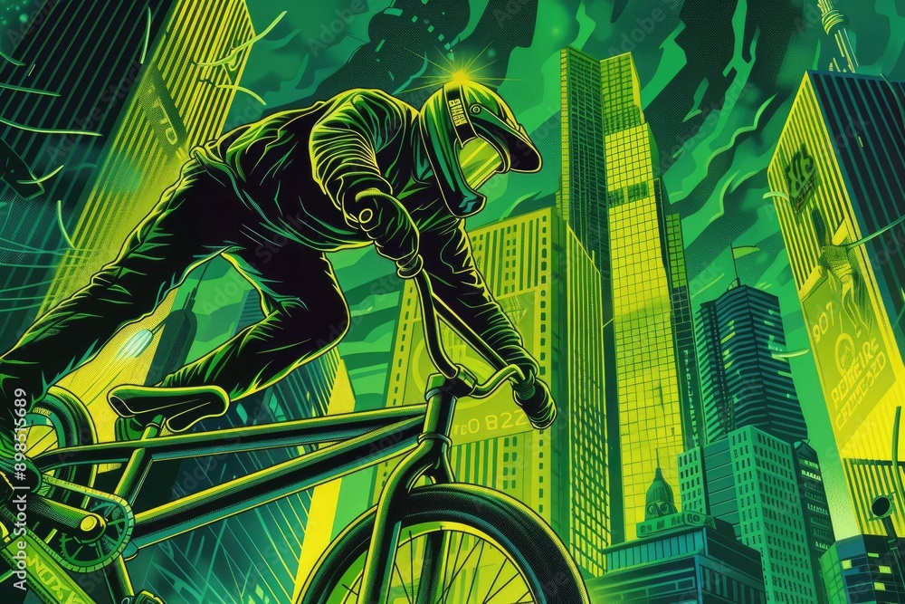 Canvas Prints A Silhouette of a Biker Riding Through a Neon Cityscape