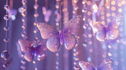 A purple butterfly with raindrops on its wings is hanging from a string of pearls. The background is out of focus and is a light purple color with sparkles.