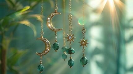 A beautiful image of a pair of gold earrings in the shape of a crescent moon, adorned with tiny crystals, hanging from a delicate gold chain