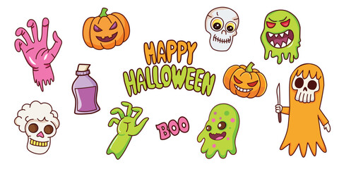 Happy Halloween illustrated set of vector elements. Pumpkin, skull, slime, monster, ghost, poison.