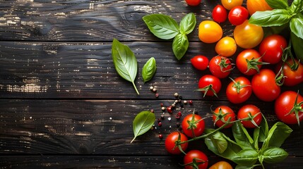 Rustic Tomato Bounty: Vibrant red and yellow cherry tomatoes cascade across a dark wooden table, accented by fresh basil sprigs and peppercorns, in a culinary flat lay.