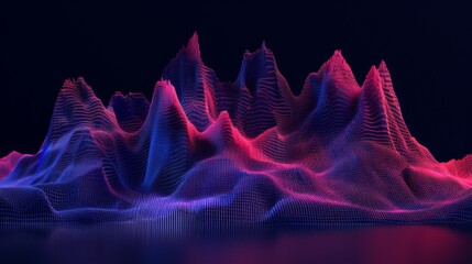 Abstract red and blue mesh terrain forming a mountain range on dark background