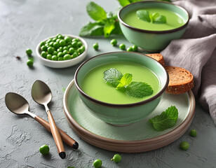 Pea and mint soup, light and refreshing soup with peas and mint.