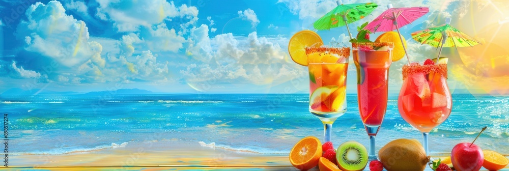 Poster three tropical cocktails garnished with fruit and paper umbrellas stand on a beach with the ocean in