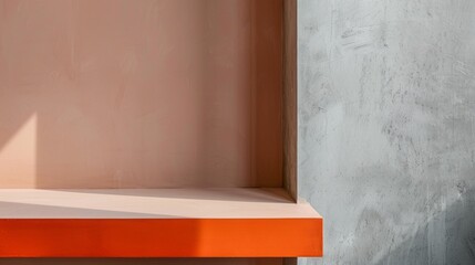 A wall with a shelf and a bench