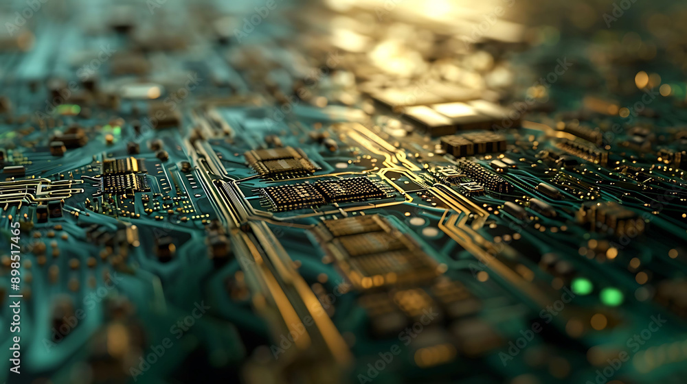 Poster an intricate circuit board with microchips and electronic components