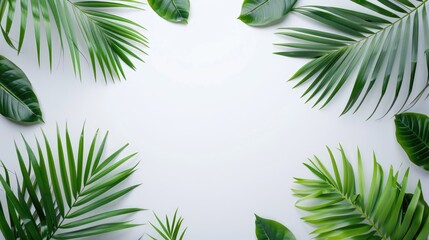 Green palm leaves on a white surface, viewed from above with space for text.