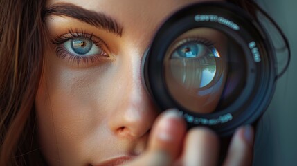 close-up of a woman holding a camera lens. Selective focus