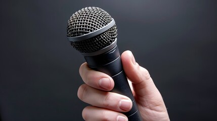 Hand Holding a Microphone: "A hand holding a microphone, ready for a speech or performance."