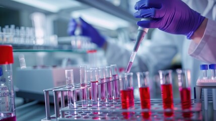 A detailed image of pipetting in a laboratory setting, with a researcher carefully transferring liquid samples into test tubes, surrounded by various lab equipment, illustrating the precision and