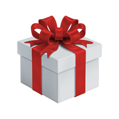 Fototapeta premium 3d realistic vector icon illustration. White gift box with red silky ribbon bow. Present box isolated on white background.