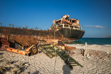 Shipwreck on the coast of the Yemeni island of Socotra - a unique island with unique plants and...