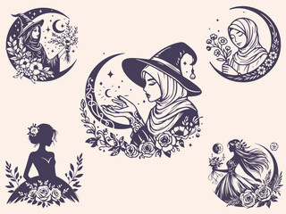 Muslim Women With Hijab, Silhouettes Vector Clipart