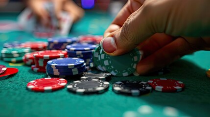 Fototapeta premium close up of a hand holding poker chips. Selective focus