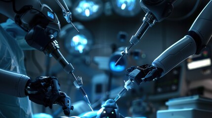 An image of a surgical team using robotic instruments to perform a minimally invasive surgery, with detailed views of the robotic arms and surgical site, highlighting the precision and technological