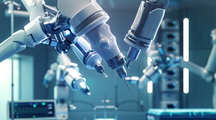 An image of a surgical team using robotic instruments to perform a minimally invasive surgery, with detailed views of the robotic arms and surgical site, highlighting the precision and technological