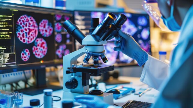 A close-up of a pathologist examining tissue samples under a high-powered microscope, with detailed cellular images displayed on monitors and various lab equipment, highlighting the critical role of