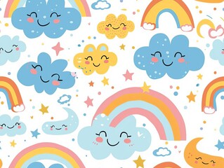 Fototapeta premium Smiling clouds and rainbows, kid and baby style, seamless pattern background