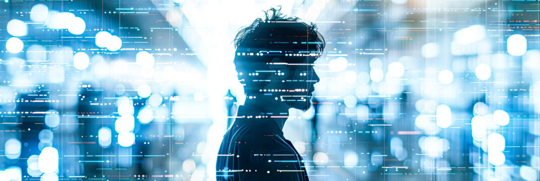 Informatiker, Analytiker f&uuml;r Big Data. Doppelbelichtung mit weissem Hintergrund