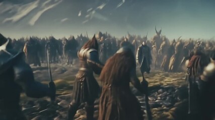 Horned demonic lord, general or king with red eyes with his army to war at a field between mountains. Cinematic fantasy adventure footage. - Powered by Adobe
