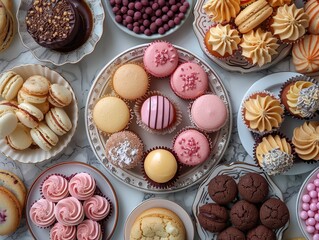 Sweet Indulgence: Top-Down View of a Mouthwatering Dessert Table with Cupcakes, Macarons, and Cookies on Elegant Plates