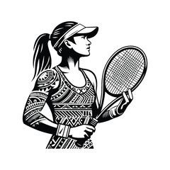 Tennis, table tennis  female player in ethnic polynesia pattern illustration, emblem shield badge