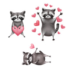 Set of cute charming animals, raccon, in happy smiling poses with pink hearts, illustration for cartoon romantic design, stickers, romantic mood, for Valentine's Day isolated 