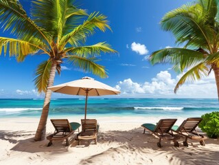 Serene tropical beach with palm trees, sun loungers, and a large umbrella facing the blue ocean. Perfect vacation spot offering relaxation and coastal beauty.