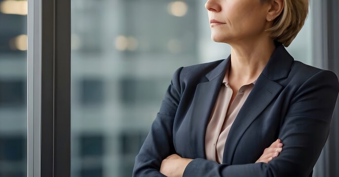 Businesswoman having a serious thought with herself, looking out of office window, making decision, experiencing financial hardship or going through difficult situation
