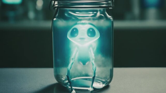 Closeup of a small blue one-eyed alien captured in a jar on a table in laboratory. Alien transforms into glowing insect like creature. Shape-shifter. Cinematic sci-fi video. Secret lab. Cinematic.