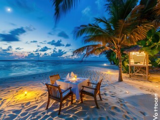 Fototapeta premium A romantic setup for a candlelit dinner on a tropical beach at twilight with the ocean in the background, creating a serene and intimate ambiance.