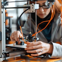 repair the machine , women are used machine for some types of 3D print on the white page .