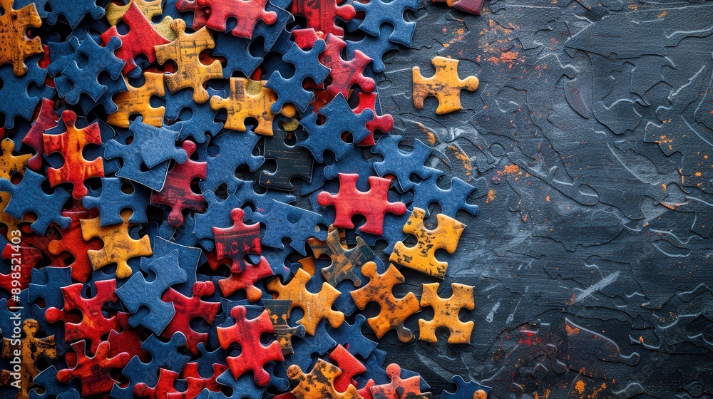 Poster scattered colorful puzzle pieces on a dark textured surface, creating a vibrant and intriguing visua