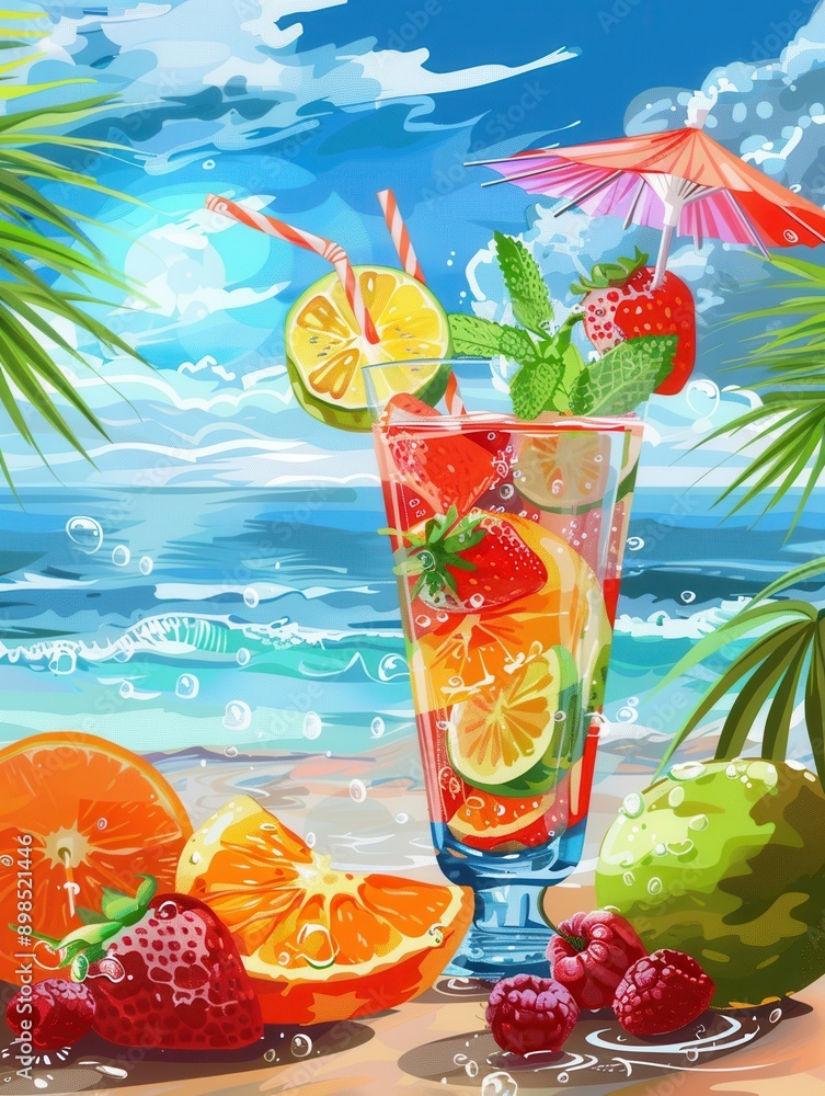 Poster a tall glass filled with colorful cocktails garnished with fruit and an umbrella sits on a beach wit