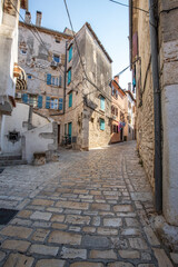 Old historical dreamy streets. Beautiful houses and businesses in a romantic tourist location. Beautifully landscaped streets and small squares in Rovinj, Istria, Croatia