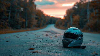 Motorcycle helmet lies on the asphalt road. Autumn landscape in the background. Macro photography.