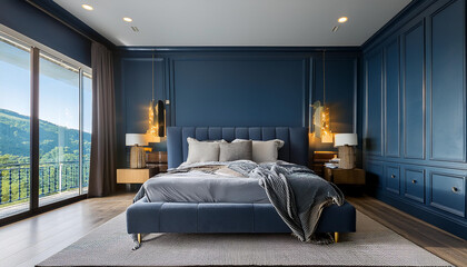 Modern bedroom interior with dark blue walls decoration