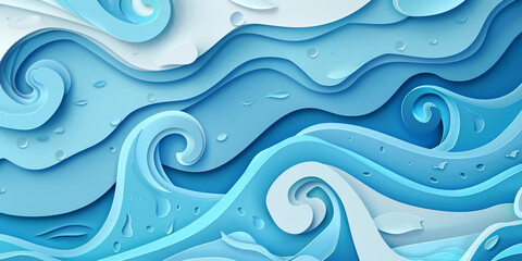 Obraz premium Paper art of blue swirl water. Water splash with blank space. Paper cut and craft style. 