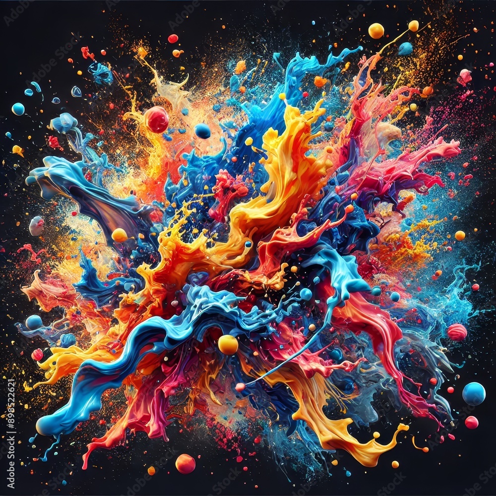 Poster vibrant explosion of colorful paint splashes and droplets in abstract 3d animation on a dark backgro