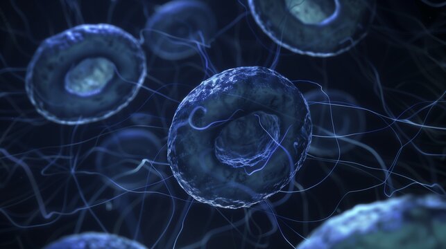 Abstract blue cells floating in a dark background. Perfect for medical, scientific, or technology themes.