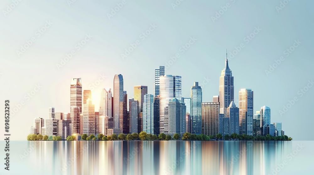 Wall mural modern city skyline illustration with reflection in water