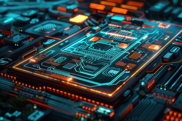 A modern circuit board with a holographic interface displaying real-time data and schematics