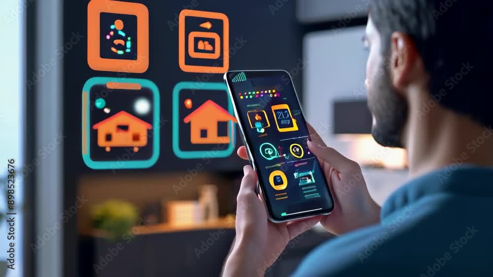 Poster smart home device with light theme infographics. person using smartphone to control his stylish hous