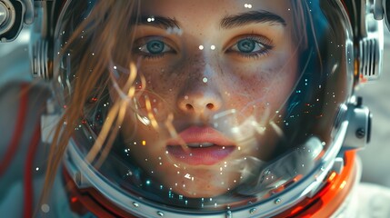 A girl is wearing an astronaut helmet, in the style of a cyberpunk dystopia