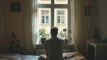 Sad person staring out a window with a vacant look in a sparsely furnished room