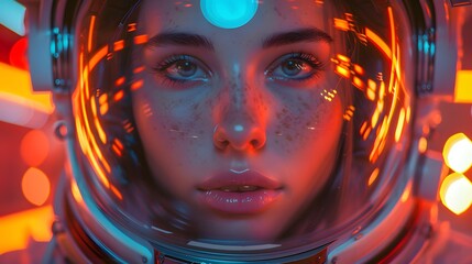 A girl is wearing an astronaut helmet, in the style of a cyberpunk dystopia