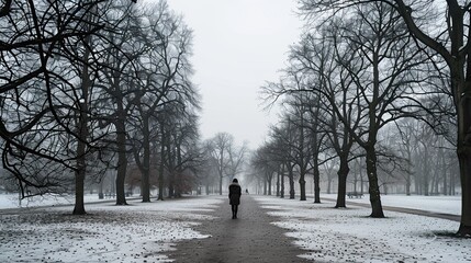 Person walking alone in a bleak park feeling isolated and empty