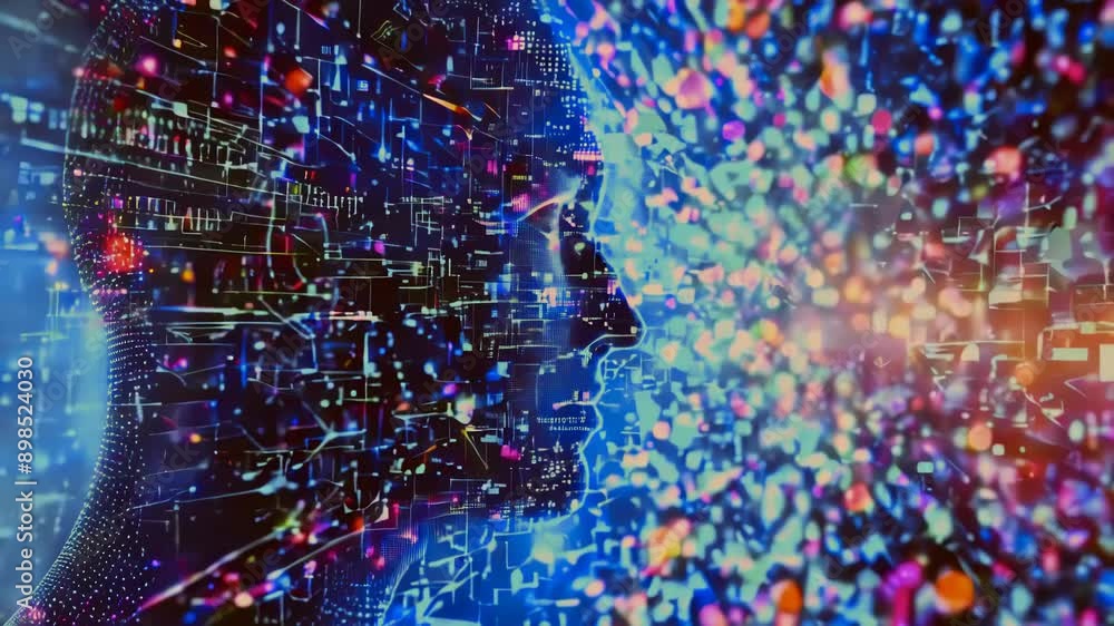 Poster big data technology and data science abstract background. querying artificial intelligence on a virt